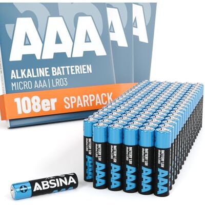 ABSINA Lot de 108 piles AAA alcalines longue durée 1,5 V Pile Micro LR03 AAA 1,5 V pour télécommande, jouets, réveils et bien plus encore ABSINA Lot de 108 piles AAA alcalines longue durée 1,5 V Pile Micro LR03 AAA 1,5 V pour télécommande, jouets, réveils et bien plus encore
