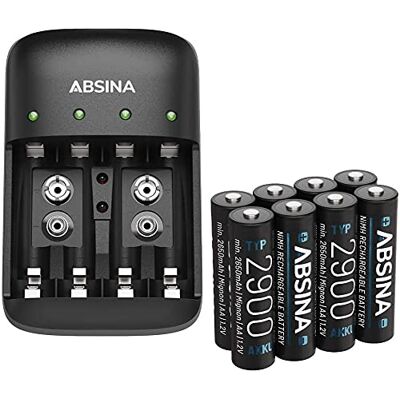 ABSINA NiMH Chargeur de piles AA AAA & bloc 9 V avec 8 piles AA 2900 – Chargeur de piles rechargeables – Piles rechargeables avec chargeur – Lot de 4 piles pour piles rechargeables ABSINA NiMH Chargeur de piles AA AAA & bloc 9 V avec 8 piles AA 2900 – Chargeur de piles rechargeables – Piles rechargeables avec chargeur – Lot de 4 piles pour piles rechargeables