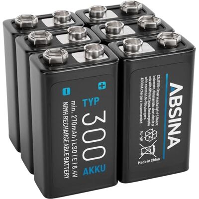 ABSINA Batterie bloc 9 V rechargeable 300 avec 8,4 V et min. 270 mAh Lot de 6 piles NiMH à faible auto-décharge Rechargeable Bloc électronique rechargeable ABSINA Batterie bloc 9 V rechargeable 300 avec 8,4 V et min. 270 mAh Lot de 6 piles NiMH à faible auto-décharge Rechargeable Bloc électronique rechargeable