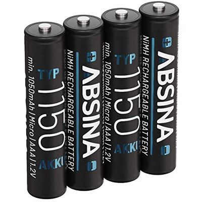 ABSINA 4X Pile Rechargeable AAA 1150 NiMH Piles AAA Rechargeables 1,2V & Min. 1050 mAh Piles Rechargeables AAA pour appareils à Haute consommation Accu AAA idéales pour téléphone DECT ABSINA 4X Pile Rechargeable AAA 1150 NiMH Piles AAA Rechargeables 1,2V & Min. 1050 mAh Piles Rechargeables AAA pour appareils à Haute consommation Accu AAA idéales pour téléphone DECT