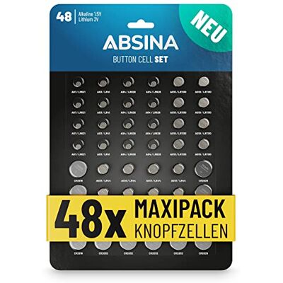 ABSINA Pack de 48 Assortiment Pile Bouton Alcalines & Lithium 4x AG1 LR621, AG3 LR41, CR2016, CR2025 / 8x AG4 LR66, AG10 LR1130, AG13 LR44, CR2032-1,5V & 3V Pile Bouton étanches ABSINA Pack de 48 Assortiment Pile Bouton Alcalines & Lithium 4x AG1 LR621, AG3 LR41, CR2016, CR2025 / 8x AG4 LR66, AG10 LR1130, AG13 LR44, CR2032-1,5V & 3V Pile Bouton étanches