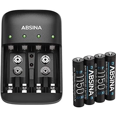 ABSINA Chargeur de Piles Rechargeables AA et AAA & 9V Chargeur NiMH 4 emplacements pour AAA, AA & 9V ABSINA Chargeur de Piles Rechargeables AA et AAA & 9V Chargeur NiMH 4 emplacements pour AAA, AA & 9V