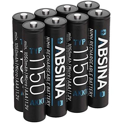 ABSINA Lot de 8 piles AAA 1150 NiMH Piles AAA Micro 1,2 V et min. 1050 mAh Piles AAA rechargeables pour appareils à forte consommation d'énergie Piles AAA rechargeables idéales pour téléphone ABSINA Lot de 8 piles AAA 1150 NiMH Piles AAA Micro 1,2 V et min. 1050 mAh Piles AAA rechargeables pour appareils à forte consommation d'énergie Piles AAA rechargeables idéales pour téléphone