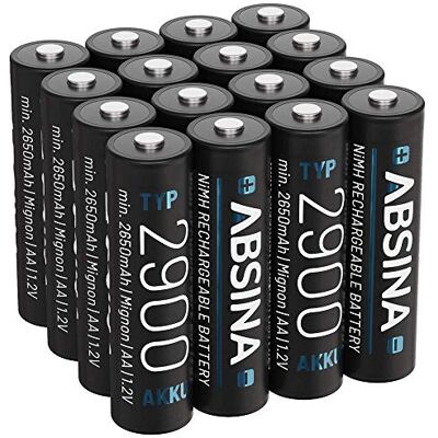 ABSINA Lot de 16 piles AA rechargeables 2900 NiMH AA 1,2 V et min. 2650 mAh Piles rechargeables AA pour appareils à forte consommation d'énergie Piles AA pour flash, manette Wii et Xbox ABSINA Lot de 16 piles AA rechargeables 2900 NiMH AA 1,2 V et min. 2650 mAh Piles rechargeables AA pour appareils à forte consommation d'énergie Piles AA pour flash, manette Wii et Xbox