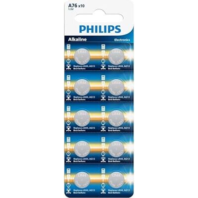 Philips Pile LR44 alcaline AG13 Piles bouton A76 1,5 V V13GA Lot de 10 Philips Pile LR44 alcaline AG13 Piles bouton A76 1,5 V V13GA Lot de 10