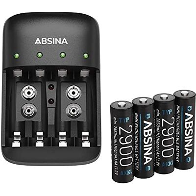 ABSINA NiMH Chargeur de piles AA AAA & bloc 9 V avec 4 piles AA 2900 – Chargeur de piles rechargeables – Chargeur de piles avec chargeur ABSINA NiMH Chargeur de piles AA AAA & bloc 9 V avec 4 piles AA 2900 – Chargeur de piles rechargeables – Chargeur de piles avec chargeur