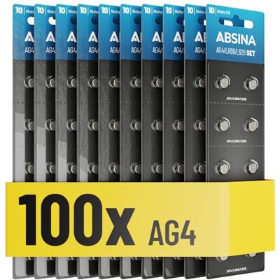 ABSINA Pile bouton AG4 LR66 alcaline 1,5 V Anti-fuite et durable Lot de 100 piles bouton SG4 / V4GA / G4A / 4GA / 4GA / L626 / 177 / LR626 ABSINA Pile bouton AG4 LR66 alcaline 1,5 V Anti-fuite et durable Lot de 100 piles bouton SG4 / V4GA / G4A / 4GA / 4GA / L626 / 177 / LR626