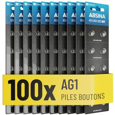 ABSINA Pile bouton AG1 LR621 alcaline 1,5 V Anti-fuite et durable Lot de 100 piles bouton LR60 / SR60 / 1175S0 / 164 / 602 / 364 / V30 / SR621 ABSINA Pile bouton AG1 LR621 alcaline 1,5 V Anti-fuite et durable Lot de 100 piles bouton LR60 / SR60 / 1175S0 / 164 / 602 / 364 / V30 / SR621