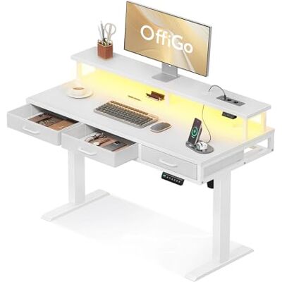 OffiGo Bureau Assis Debout avec 3 Tiroirs, 120cm Bureau Electrique, Blanc Support de moniteur, bureau électrique réglable en hauteur, chargeur intégré, LED, idéal pour le télétravail OffiGo Bureau Assis Debout avec 3 Tiroirs, 120cm Bureau Electrique, Blanc Support de moniteur, bureau électrique réglable en hauteur, chargeur intégré, LED, idéal pour le télétravail