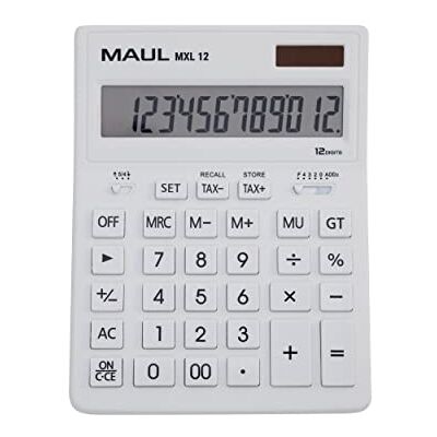 MAUL Calculatrice bureau MXL 12 blanche grand écran LCD 12 chiffres lecture confortable inclinée, touches faciles à nettoyer, TVA rapide, correction instantanée, format stable MAUL Calculatrice bureau MXL 12 blanche grand écran LCD 12 chiffres lecture confortable inclinée, touches faciles à nettoyer, TVA rapide, correction instantanée, format stable