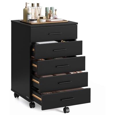VASAGLE Caisson de Bureau à roulettes, Meuble de Rangement, Support pour Imprimante, avec 5 Tiroirs, Rails Coulissants, pour Bureau, Télétravail, Noir d'encre OFC081BC02 VASAGLE Caisson de Bureau à roulettes, Meuble de Rangement, Support pour Imprimante, avec 5 Tiroirs, Rails Coulissants, pour Bureau, Télétravail, Noir d'encre OFC081BC02