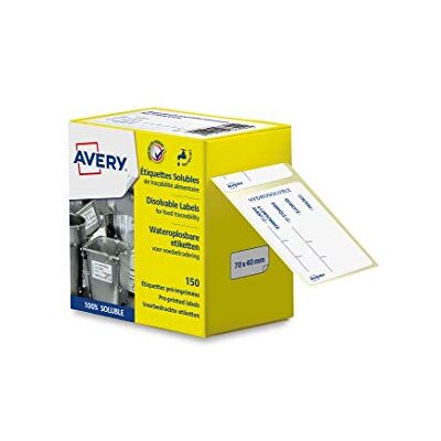 Avery Rouleau de 150 étiquettes hydrosolubles de traçabilité alimentaire pré-imprimées pour restaurant ou maison 70x40mm Avery Rouleau de 150 étiquettes hydrosolubles de traçabilité alimentaire pré-imprimées pour restaurant ou maison 70x40mm
