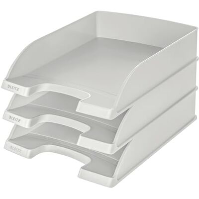 Leitz Lot de 3 corbeilles à courrier standard A4 Gris 52270085 Compartiment de rangement empilable comme organiseur de bureau, combinable avec la série Plus, gris, 52270085 Leitz Lot de 3 corbeilles à courrier standard A4 Gris 52270085 Compartiment de rangement empilable comme organiseur de bureau, combinable avec la série Plus, gris, 52270085
