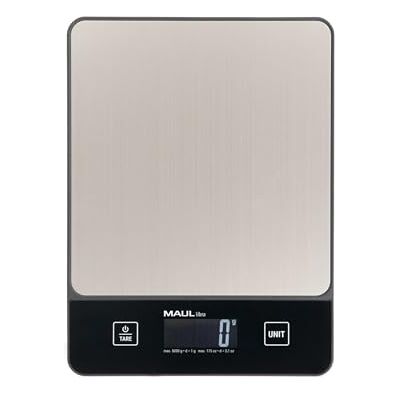 MAUL Balance courrier libra noir et argent compact 5 kg plateau inox facile à nettoyer, format plat à suspendre, tare et unités rapides, piles incluses MAUL Balance courrier libra noir et argent compact 5 kg plateau inox facile à nettoyer, format plat à suspendre, tare et unités rapides, piles incluses
