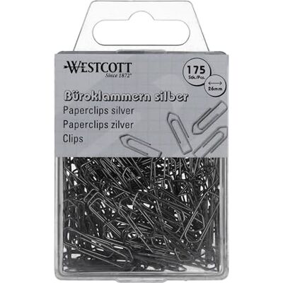 Westcott E-10640 00 Lot de 175 trombones argentés 26 mm Boîte en plastique pratique Galvanisés Pour le bureau et la maison Westcott E-10640 00 Lot de 175 trombones argentés 26 mm Boîte en plastique pratique Galvanisés Pour le bureau et la maison