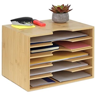 Relaxdays Corbeille à courrier en bambou, organisateur de bureau pour papier A4, 5 compartiments, porte-documents (H x l x P) : 23,5 x 32,5 x 24 cm, naturel Relaxdays Corbeille à courrier en bambou, organisateur de bureau pour papier A4, 5 compartiments, porte-documents (H x l x P) : 23,5 x 32,5 x 24 cm, naturel