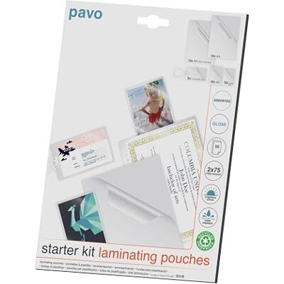 Pavo Pack de 55 Pochettes de Plastification, 2x75 mic, Kit de démarrage, différentes tailles, 8030729 Pavo Pack de 55 Pochettes de Plastification, 2x75 mic, Kit de démarrage, différentes tailles, 8030729