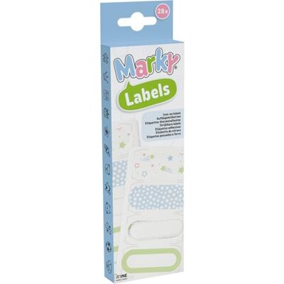COLOP Marky Lot de 28 étiquettes thermocollantes 7 designs différents de Étiquettes en tissu estampables, respectueuses de la peau (conformes à la norme EN71-3) pour étiqueter les vêtements et les COLOP Marky Lot de 28 étiquettes thermocollantes 7 designs différents de Étiquettes en tissu estampables, respectueuses de la peau (conformes à la norme EN71-3) pour étiqueter les vêtements et les