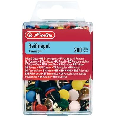 herlitz Lot de 200 punaises rondes en métal gainé de plastique dans un plateau à suspendre Couleurs assorties herlitz Lot de 200 punaises rondes en métal gainé de plastique dans un plateau à suspendre Couleurs assorties