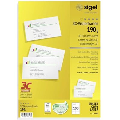 Sigel Lp790 Lot de 100 Cartes de Visite Imprimables, 3C, 8,5 X 5,5 cm, 190 G Sigel Lp790 Lot de 100 Cartes de Visite Imprimables, 3C, 8,5 X 5,5 cm, 190 G