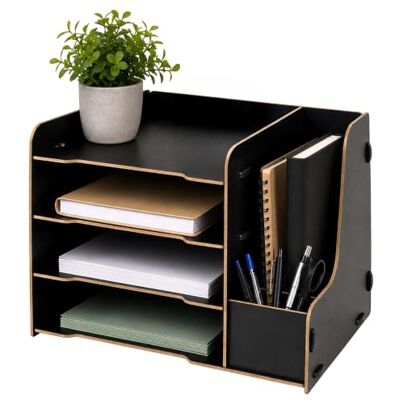 Relaxdays corbeille à courrier A4, noir range-dossiers avec 4 compartiments, porte-stylo, 23 x 31,5 x 29 cm, MDF Relaxdays corbeille à courrier A4, noir range-dossiers avec 4 compartiments, porte-stylo, 23 x 31,5 x 29 cm, MDF