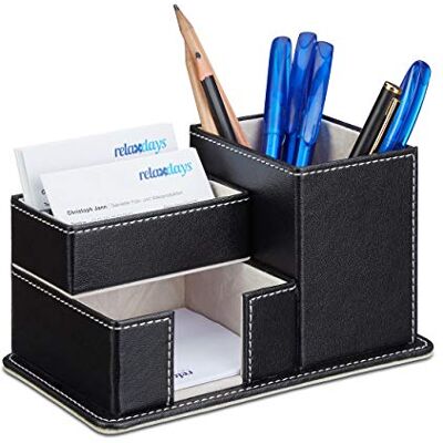 Relaxdays Organiseur fournitures bureau similicuir tiroir, porte-stylo cartes visite 4 compartiments, noir Relaxdays Organiseur fournitures bureau similicuir tiroir, porte-stylo cartes visite 4 compartiments, noir