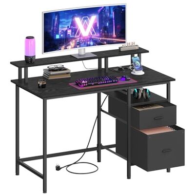 VASAGLE Bureau Informatique avec Multiprise, 2 Tiroirs en Tissu Bureau Informatique, Table avec Rangement, Support d'Écran, 2 Ports USB, Noir Boisé et Noir Mat, Collection BARNET LWD093B01 VASAGLE Bureau Informatique avec Multiprise, 2 Tiroirs en Tissu Bureau Informatique, Table avec Rangement, Support d'Écran, 2 Ports USB, Noir Boisé et Noir Mat, Collection BARNET LWD093B01