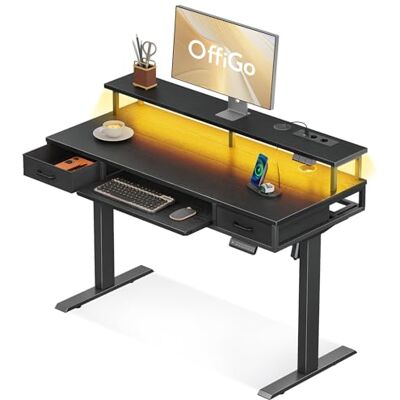 OffiGo Bureau Assis Debout avec 2 Tiroirs, Bureau Electrique 120cm, Noir Bureau Reglable en Hauteur électrique avec Support de Moniteur, Standing Desk avec Chargeur et Lumière LED pour la Maison OffiGo Bureau Assis Debout avec 2 Tiroirs, Bureau Electrique 120cm, Noir Bureau Reglable en Hauteur électrique avec Support de Moniteur, Standing Desk avec Chargeur et Lumière LED pour la Maison