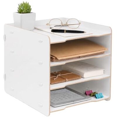 Relaxdays Corbeille à courrier A4, 4 compart., 25x25x31 cm, MDF, blanc Système d'emboîtement, casiers de rangement de bureau, rangement de bureau Relaxdays Corbeille à courrier A4, 4 compart., 25x25x31 cm, MDF, blanc Système d'emboîtement, casiers de rangement de bureau, rangement de bureau