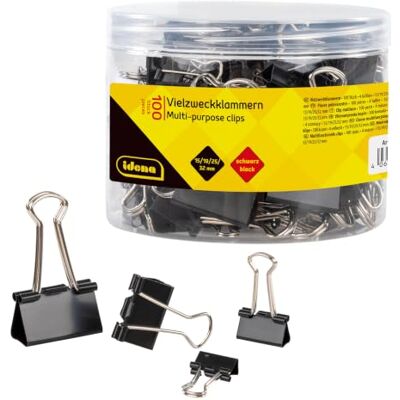 Idena Lot de 100 pinces à reliure noires 11570 Pinces pliantes de 15/19/25/32 mm pour l'école et le bureau Idena Lot de 100 pinces à reliure noires 11570 Pinces pliantes de 15/19/25/32 mm pour l'école et le bureau