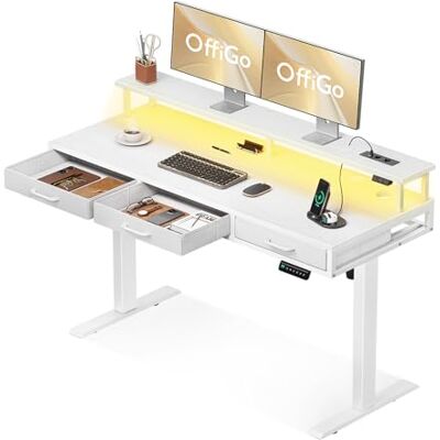 OffiGo Bureau Assis Debout avec 3 Tiroirs, 140cm Bureau Electrique, Blanc Support de moniteur, bureau électrique réglable en hauteur, chargeur intégré, LED, idéal pour le télétravail OffiGo Bureau Assis Debout avec 3 Tiroirs, 140cm Bureau Electrique, Blanc Support de moniteur, bureau électrique réglable en hauteur, chargeur intégré, LED, idéal pour le télétravail