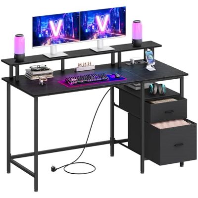 VASAGLE Bureau Informatique avec Multiprise, 2 Tiroirs en Tissu Bureau Informatique, Table avec Rangement, Support d'Écran, 2 Ports USB, Noir Boisé et Noir Mat, Collection BARNET LWD094B56 VASAGLE Bureau Informatique avec Multiprise, 2 Tiroirs en Tissu Bureau Informatique, Table avec Rangement, Support d'Écran, 2 Ports USB, Noir Boisé et Noir Mat, Collection BARNET LWD094B56