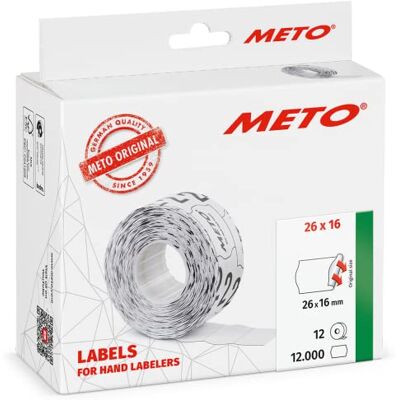 Meto Lot de 12 000 étiquettes autocollantes permanentes pour étiqueteuse à main Blanc 26 x 16 mm 2 lignes Pour , Contact, Sato, Avery, Tovel, Samark etc Meto Lot de 12 000 étiquettes autocollantes permanentes pour étiqueteuse à main Blanc 26 x 16 mm 2 lignes Pour , Contact, Sato, Avery, Tovel, Samark etc