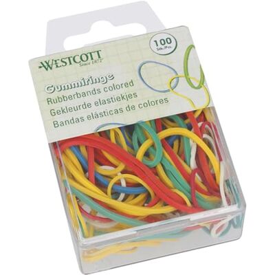 Westcott E-10582 00 Lot de 100 élastiques en caoutchouc colorés de différentes tailles dans un récipient en plastique pratique pour ranger des élastiques ménagers 20 mm à 70 mm Westcott E-10582 00 Lot de 100 élastiques en caoutchouc colorés de différentes tailles dans un récipient en plastique pratique pour ranger des élastiques ménagers 20 mm à 70 mm