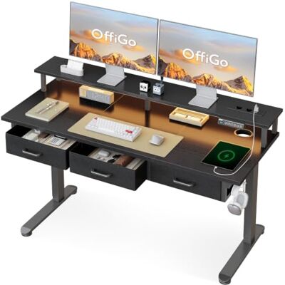 OffiGo Bureau Assis Debout avec 3 Tiroirs, 140cm Bureau Gaming, Noir Support de moniteur, bureau électrique réglable en hauteur, chargeur intégré, LED, idéal pour le télétravail OffiGo Bureau Assis Debout avec 3 Tiroirs, 140cm Bureau Gaming, Noir Support de moniteur, bureau électrique réglable en hauteur, chargeur intégré, LED, idéal pour le télétravail