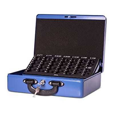 MAUL Caisse à monnaie bleue avec plateau de comptage serrure fiable, acier laqué, insert euro 8 pièces 3 billets, mousse anti-mélange, couvercle ouvert stable MAUL Caisse à monnaie bleue avec plateau de comptage serrure fiable, acier laqué, insert euro 8 pièces 3 billets, mousse anti-mélange, couvercle ouvert stable