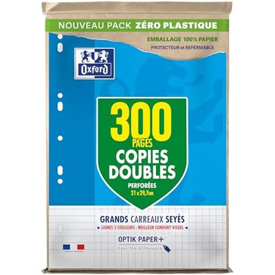 Oxford Lot de 300 Pages Copies Doubles Grands Carreaux Seyès Format A4 (21x29,7cm) Perforées Oxford Lot de 300 Pages Copies Doubles Grands Carreaux Seyès Format A4 (21x29,7cm) Perforées