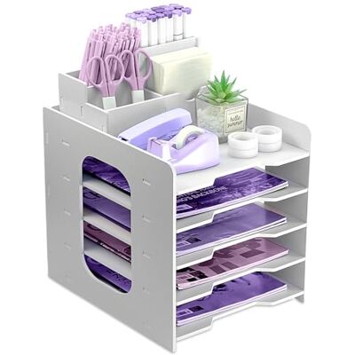 HMXLJJY Bac à courrier A4 à 5 niveaux avec plateau de classement empilable, organiseur de papier de bureau avec porte-stylo (blanc) HMXLJJY Bac à courrier A4 à 5 niveaux avec plateau de classement empilable, organiseur de papier de bureau avec porte-stylo (blanc)