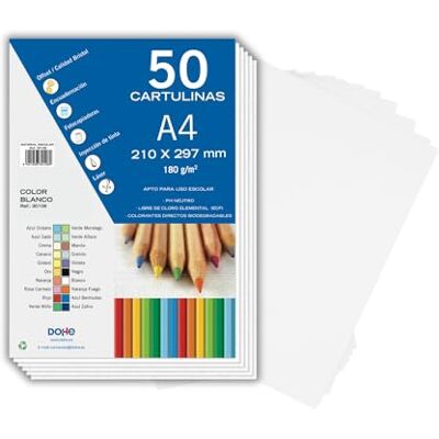 DOHE Cartes blanches A4 (50 unités) Dimensions 21 x 29,7 cm, épaisseur 180 g/m², travaux manuels, impression et fournitures scolaires DOHE Cartes blanches A4 (50 unités) Dimensions 21 x 29,7 cm, épaisseur 180 g/m², travaux manuels, impression et fournitures scolaires