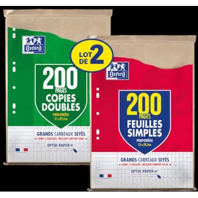 Oxford Lot de feuilles simples et copies doubles grands carreaux A4, 200 pages Oxford Lot de feuilles simples et copies doubles grands carreaux A4, 200 pages