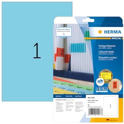 HERMA 4423 Lot de 20 feuilles d'étiquettes colorées amovibles bleues 210 x 297 mm, 1 par feuille A4, 20 pièces, autocollantes, imprimables, mates, en papier vierge HERMA 4423 Lot de 20 feuilles d'étiquettes colorées amovibles bleues 210 x 297 mm, 1 par feuille A4, 20 pièces, autocollantes, imprimables, mates, en papier vierge