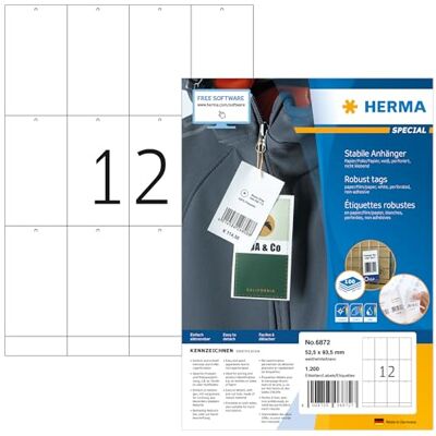 HERMA Étiquettes à suspendre Format A4 Papier/plastique/papier Blanc 52,5 x 93,5 mm Lot de 1200 (Import Allemagne) HERMA Étiquettes à suspendre Format A4 Papier/plastique/papier Blanc 52,5 x 93,5 mm Lot de 1200 (Import Allemagne)