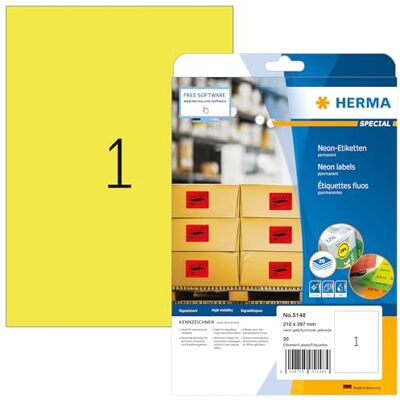 HERMA 5148 Lot de 20 feuilles d'étiquettes colorées jaune fluo, 210 x 297 mm, 1 par feuille A4, autocollantes, imprimables, mates, en papier fluo HERMA 5148 Lot de 20 feuilles d'étiquettes colorées jaune fluo, 210 x 297 mm, 1 par feuille A4, autocollantes, imprimables, mates, en papier fluo
