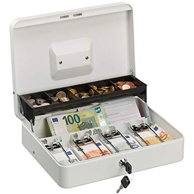 Relaxdays Caisse à monnaie verrouillable avec compartiment pour pièces de monnaie, 4 compartiments à billets, caisse en fer, caisse HBT 8,5 x 30,5 x 24,5 cm, blanc Relaxdays Caisse à monnaie verrouillable avec compartiment pour pièces de monnaie, 4 compartiments à billets, caisse en fer, caisse HBT 8,5 x 30,5 x 24,5 cm, blanc