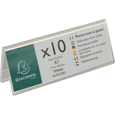 EXACOMPTA Réf. 87358D 1 Lot de 10 porte-noms (A7 plié) horizontal Office Dimensions 105 x 40 mm PMMA (acrylique) table, affichage, réception, bureau, magasin, restaurants Couleur Cristal EXACOMPTA Réf. 87358D 1 Lot de 10 porte-noms (A7 plié) horizontal Office Dimensions 105 x 40 mm PMMA (acrylique) table, affichage, réception, bureau, magasin, restaurants Couleur Cristal