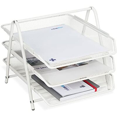 Relaxdays Porte-documents en métal, 3 compartiments, design grille de bureau, format A4, porte-courrier, HBT : 26,5 x 29,5 x 35,5 cm, blanc, 1 pièce Relaxdays Porte-documents en métal, 3 compartiments, design grille de bureau, format A4, porte-courrier, HBT : 26,5 x 29,5 x 35,5 cm, blanc, 1 pièce