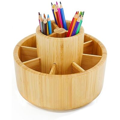 Utoplike Organiseur de bureau rotatif à 360 degrés en bambou Pour fournitures artistiques, crayons de couleur, pinceaux, pour classe, studio d'art et bureau Utoplike Organiseur de bureau rotatif à 360 degrés en bambou Pour fournitures artistiques, crayons de couleur, pinceaux, pour classe, studio d'art et bureau