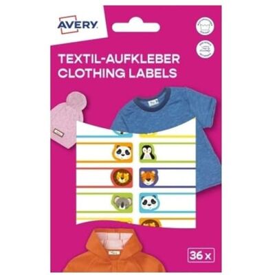 Avery Art. ETVET36A Lot de 36 autocollants nominatifs animaux imperméables pour vêtements (13 x 45 mm, film vinyle, étiquettes textiles autocollantes, autocollants textiles inscriptibles, pour machine Avery Art. ETVET36A Lot de 36 autocollants nominatifs animaux imperméables pour vêtements (13 x 45 mm, film vinyle, étiquettes textiles autocollantes, autocollants textiles inscriptibles, pour machine