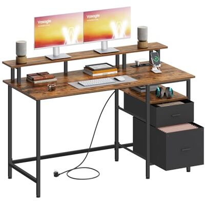VASAGLE Bureau Informatique avec Multiprise, 2 Tiroirs en Tissu Bureau Informatique, Table avec Rangement, Support d'Écran, 2 Ports USB, Taupe et Noir, Collection BARNET LWD094K02 VASAGLE Bureau Informatique avec Multiprise, 2 Tiroirs en Tissu Bureau Informatique, Table avec Rangement, Support d'Écran, 2 Ports USB, Taupe et Noir, Collection BARNET LWD094K02