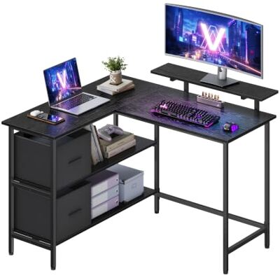 VASAGLE Bureau d'Ordinateur en Forme de L, 2 Tiroirs, 115 x 105 cm Bureau d'Angle, Tiroirs Spacieux, Support de Moniteur, Étagère Réglable, Noir Boisé, Collection BARNET LWD097B56V1 VASAGLE Bureau d'Ordinateur en Forme de L, 2 Tiroirs, 115 x 105 cm Bureau d'Angle, Tiroirs Spacieux, Support de Moniteur, Étagère Réglable, Noir Boisé, Collection BARNET LWD097B56V1
